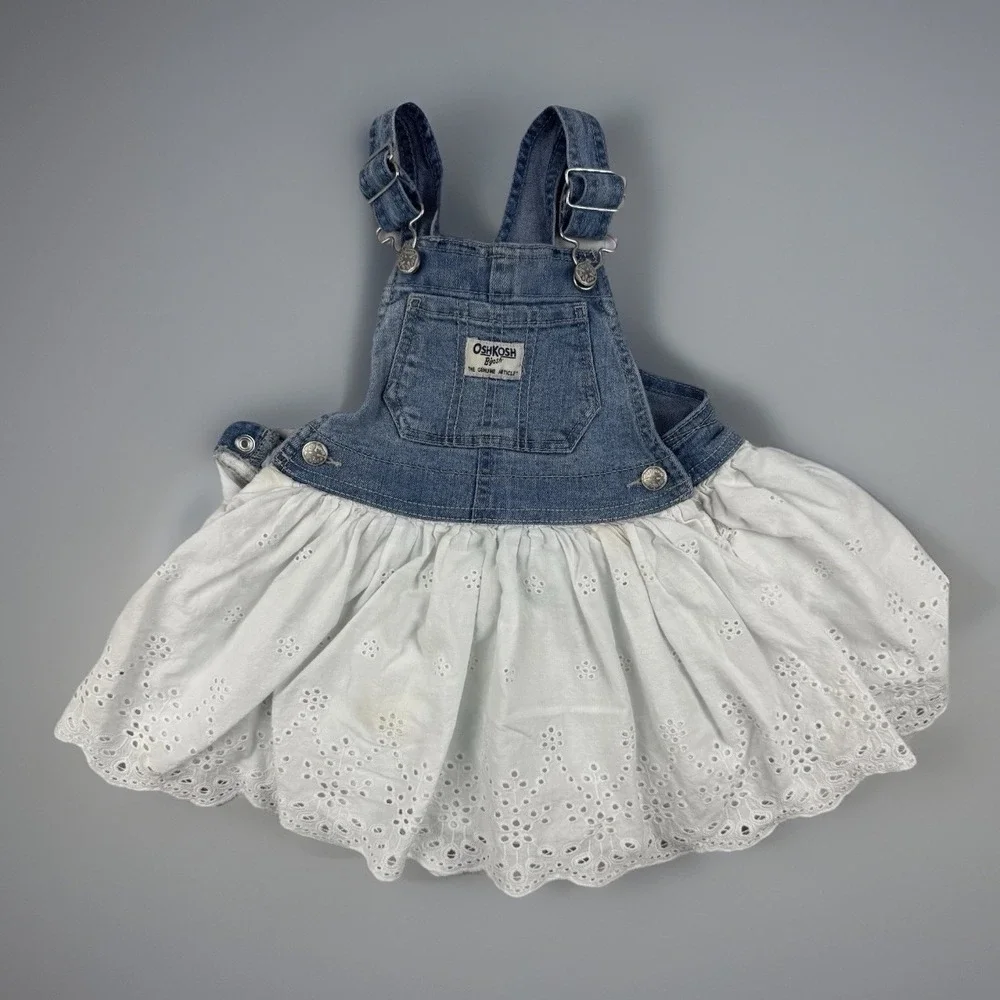 OshKosh B'gosh Overall Dress Girls‎ 24M Denim White Cottagecore Eyelet Skirt